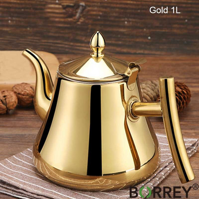 BORREY 1L/1.5L/2L rozsdamentes acél kávéskanna arany teáskanna szűrővel fém teáskanna gáztűzhely indukciós tűzhely vízforraló