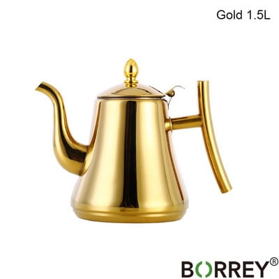 BORREY 1L/1.5L/2L rozsdamentes acél kávéskanna arany teáskanna szűrővel fém teáskanna gáztűzhely indukciós tűzhely vízforraló