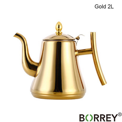 BORREY 1L/1.5L/2L rozsdamentes acél kávéskanna arany teáskanna szűrővel fém teáskanna gáztűzhely indukciós tűzhely vízforraló