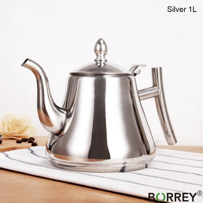 BORREY 1L/1.5L/2L rozsdamentes acél kávéskanna arany teáskanna szűrővel fém teáskanna gáztűzhely indukciós tűzhely vízforraló