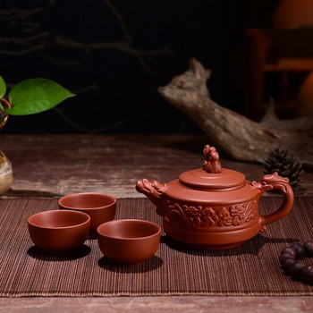 150 мл чайник Yixing лилава глина кунг-фу комплект за чай Ръчно изработена кана за чай дракон слон катерица с комплект чаши от 3 бр.