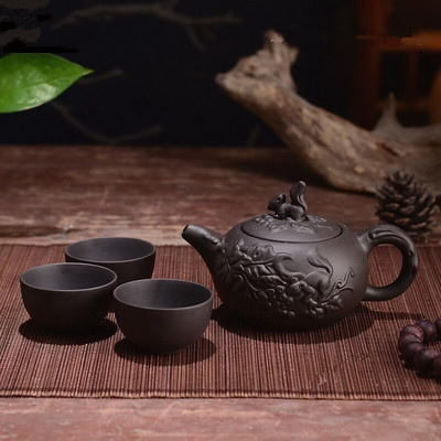 150 ml Yixing teáskanna lila agyag kung fu teáskészlet, kézzel készített sárkány elefánt mókus teáskanna 3 db-os csészekészlettel