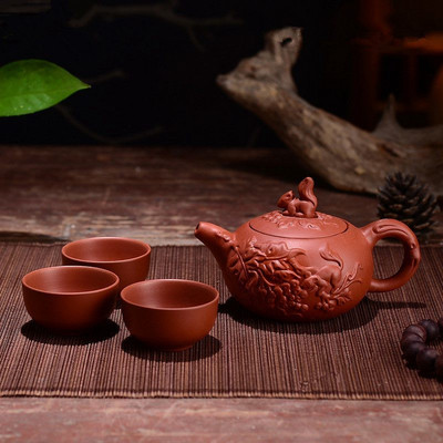 150 ml Yixing čajnik Kung Fu set za čaj od ljubičaste gline, ručno rađen zmaj slon, vjeverica, čajnik s 3 komada šalica