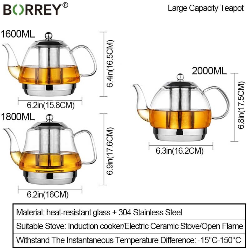BORREY 2L Επαγωγική κουζίνα Βοροπυριτική Ηλεκτρομαγνητική Γυάλινη Τσαγιέρα με Φίλτρο Λουλούδι Κατσαρόλα τσαγιού Πολυλειτουργικός βραστήρας Φλιτζάνι Δώρο
