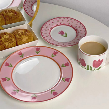 Креативно лале Керамична чаша Костюм с чинийка Кафе Мляко Чай Десерт Цвете Ръчно рисувани прибори Кухненски подарък Чаша за чай