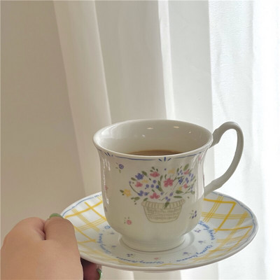 Nordijski mali cvjetni set keramičkih šalica za kavu, retro doručak, šalica za mlijeko, šalica za čaj, tanjurić, svadbeni ukras, šalica za piće za višekratnu upotrebu, šalica za čaj