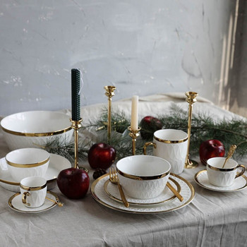 Коледен комплект керамични съдове с позлатени ръбове 8-инчова чиния/дълбока чиния/чаша и чинийка