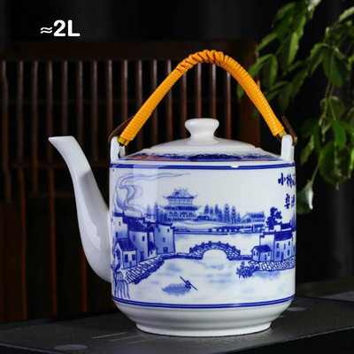 2L/2,8L kerámia teáskanna nagy űrtartalmú hideg vízforraló Kék-fehér porcelán fogantyús edény Teáskanna otthoni étterembe