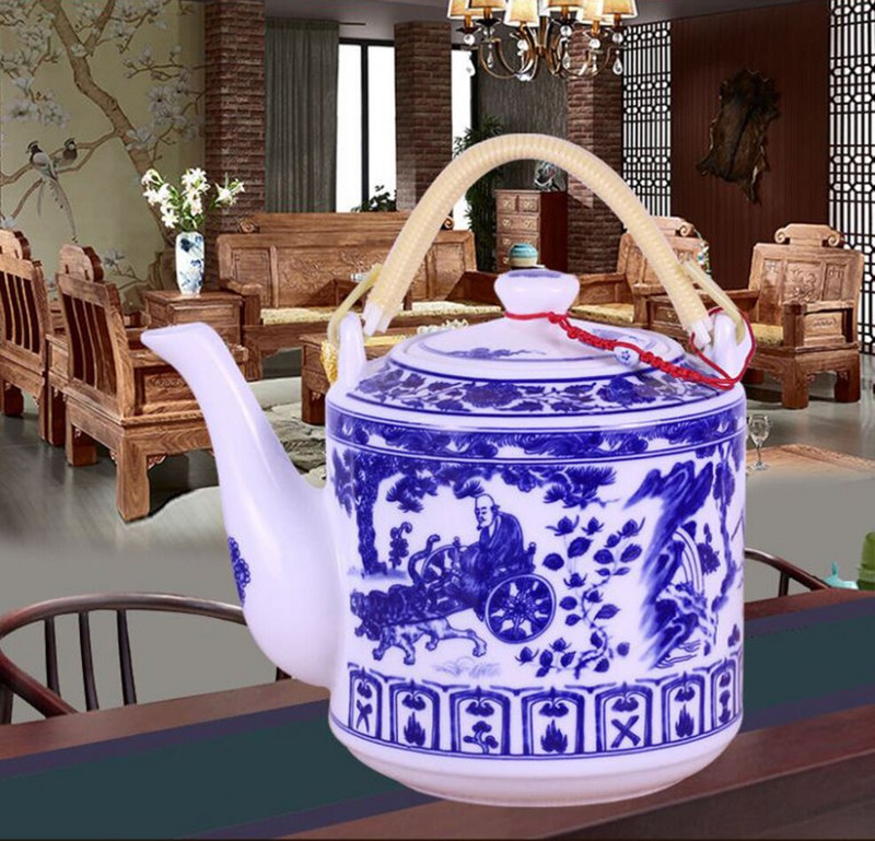 2L/2,8L kerámia teáskanna nagy űrtartalmú hideg vízforraló Kék-fehér porcelán fogantyús edény Teáskanna otthoni étterembe