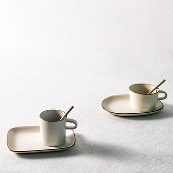 Японска керамична чаша за кафе с чинийка Комплект лъжици Домашен офис Костюм за следобеден чай Модерни семпли керамични чаши за закуска Мляко