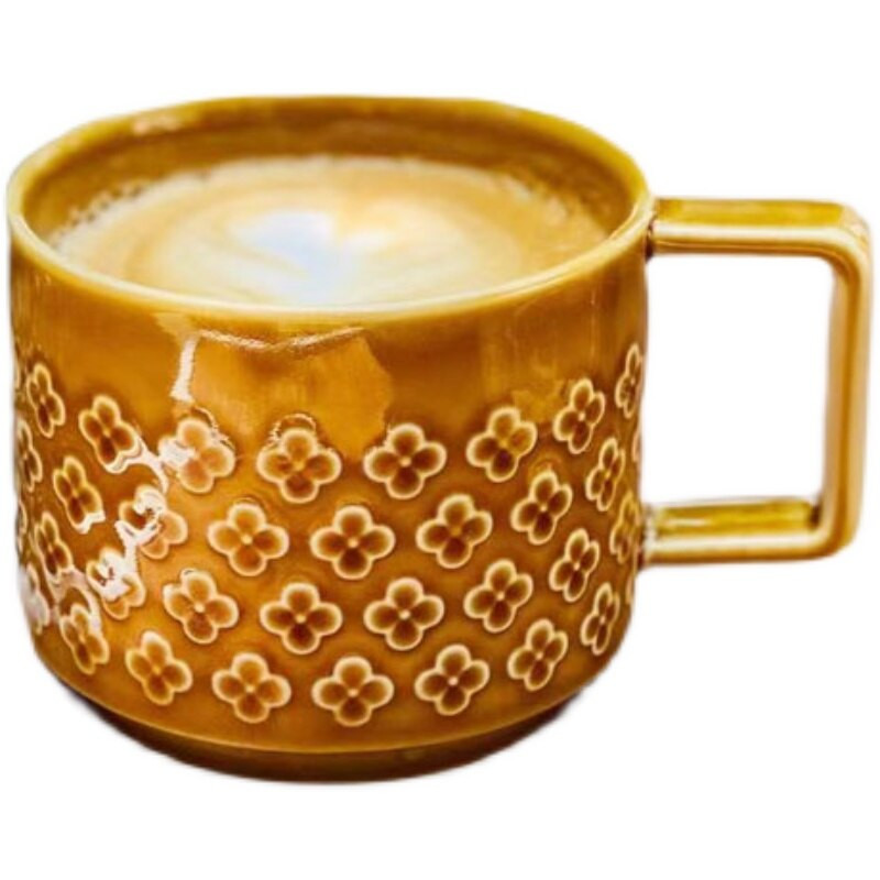 Ceașă/farfurie de cafea cu flori în relief de culoarea caramelului Edo albastru din ceramică la temperatură înaltă