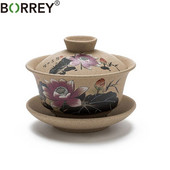BORREY Ceramica Gaiwan Set de ceai Kung Fu chinezesc Ceai din ceramica cu farfurii Lotus Bamboo Gaiwan Pu'er Ceainic Seturi de ceai de călătorie