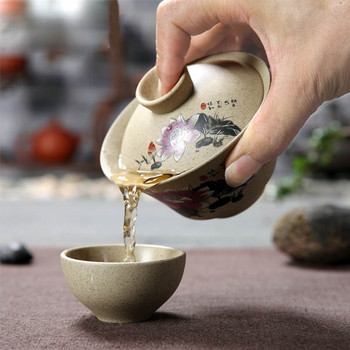 BORREY Pottery Gaiwan китайски кунг-фу сервиз за чай Керамична чаша за чай с чинийки Lotus Bamboo Gaiwan Pu\'er чайник Пътни сервизи за чай