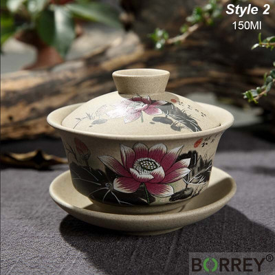 BORREY Ceramica Gaiwan Set de ceai Kung Fu chinezesc Ceai din ceramica cu farfurii Lotus Bamboo Gaiwan Pu'er Ceainic Seturi de ceai de călătorie