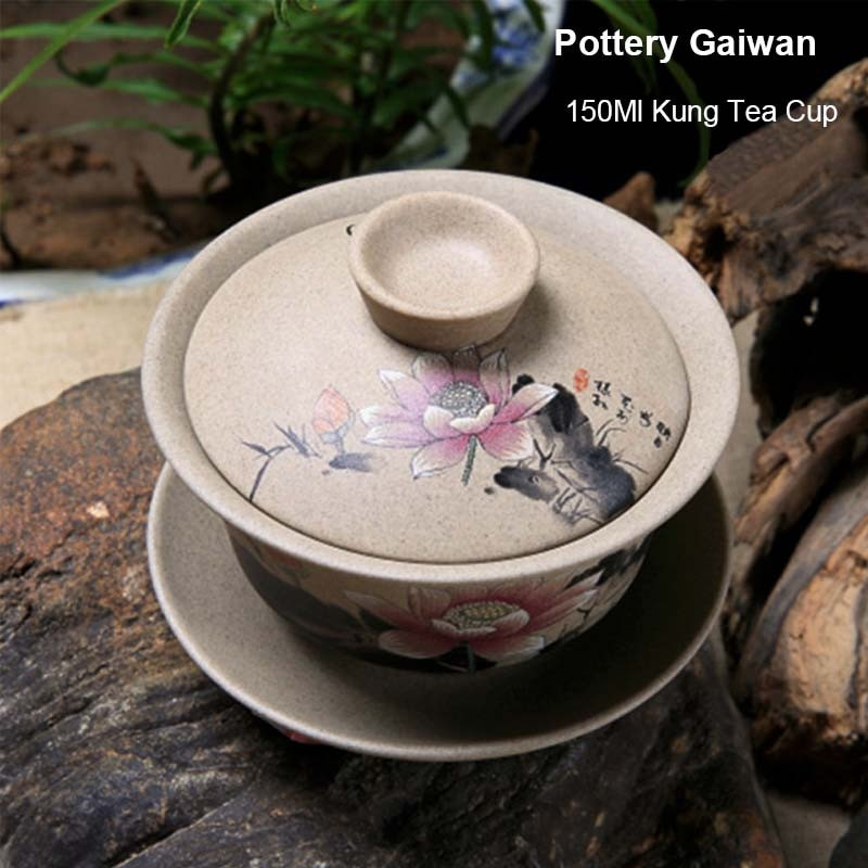 BORREY Ceramica Gaiwan Set de ceai Kung Fu chinezesc Ceai din ceramica cu farfurii Lotus Bamboo Gaiwan Pu'er Ceainic Seturi de ceai de călătorie