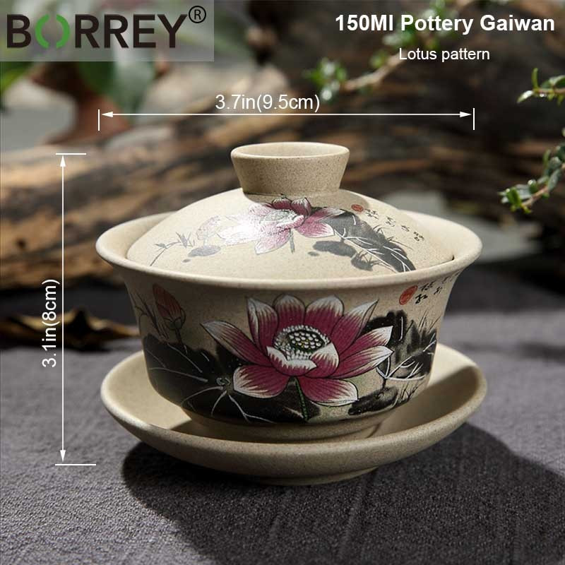BORREY Ceramica Gaiwan Set de ceai Kung Fu chinezesc Ceai din ceramica cu farfurii Lotus Bamboo Gaiwan Pu'er Ceainic Seturi de ceai de călătorie
