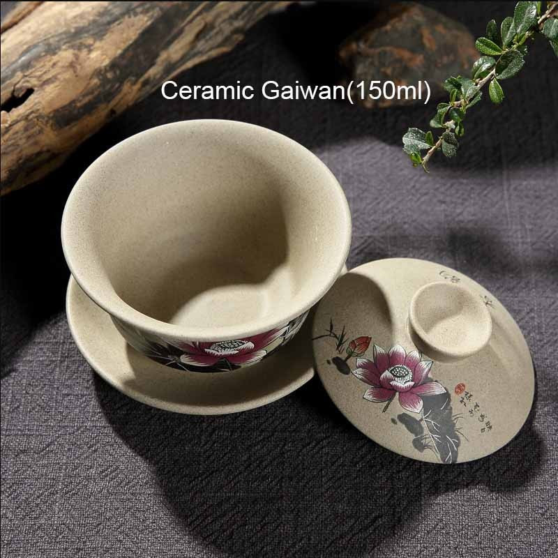 BORREY Ceramica Gaiwan Set de ceai Kung Fu chinezesc Ceai din ceramica cu farfurii Lotus Bamboo Gaiwan Pu'er Ceainic Seturi de ceai de călătorie