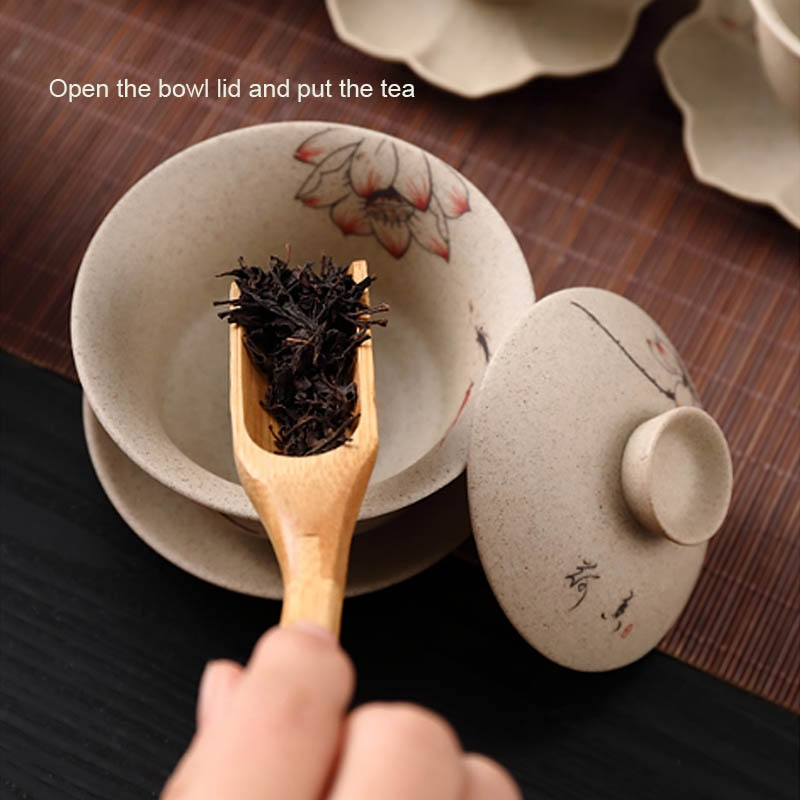 BORREY Ceramica Gaiwan Set de ceai Kung Fu chinezesc Ceai din ceramica cu farfurii Lotus Bamboo Gaiwan Pu'er Ceainic Seturi de ceai de călătorie
