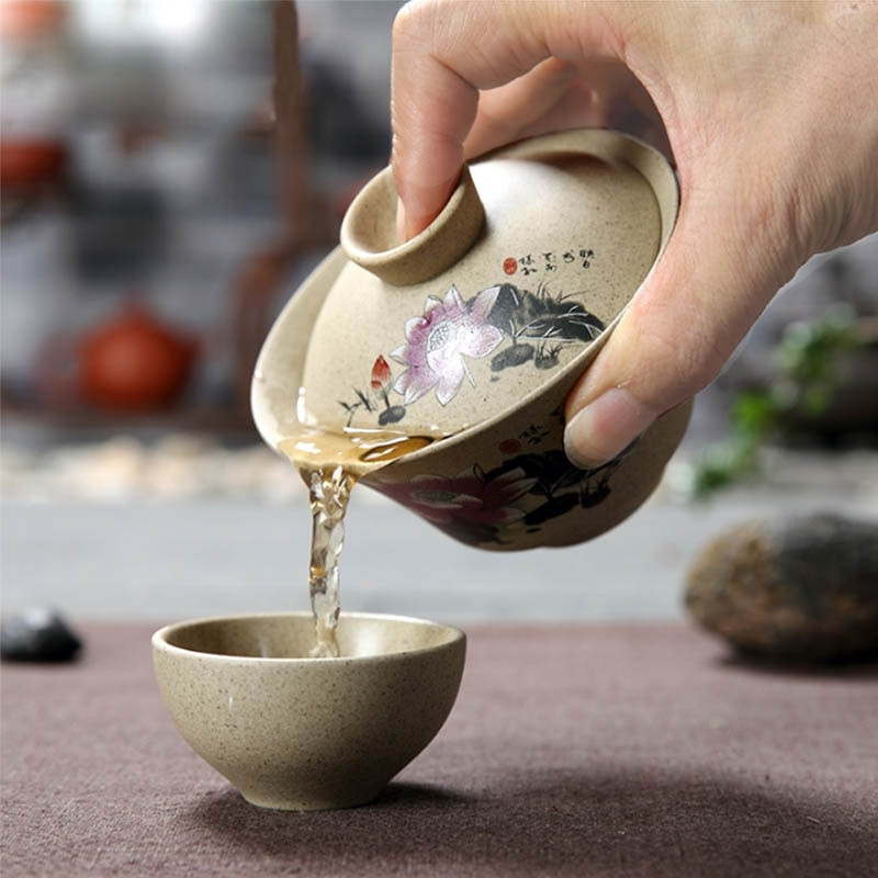 BORREY Ceramica Gaiwan Set de ceai Kung Fu chinezesc Ceai din ceramica cu farfurii Lotus Bamboo Gaiwan Pu'er Ceainic Seturi de ceai de călătorie