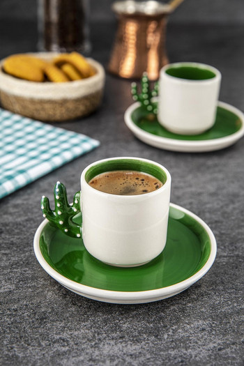Κάκτος Χειροποίητος κεραμικός τουρκικός καφές, φλιτζάνι εσπρέσο πράσινο 2 τεμάχια, δώρο 2 κούπα προσωπικότητας