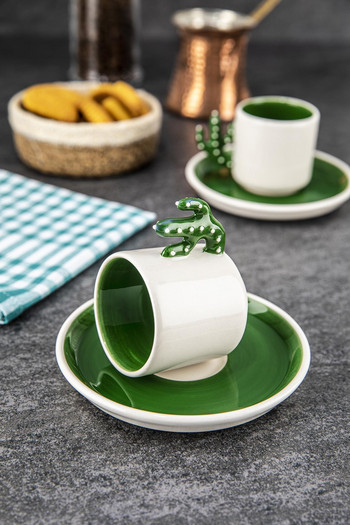 Кактус Ръчно изработено керамично турско кафе, чаша за еспресо зелено 2 части, подарък 2 индивидуални чаши