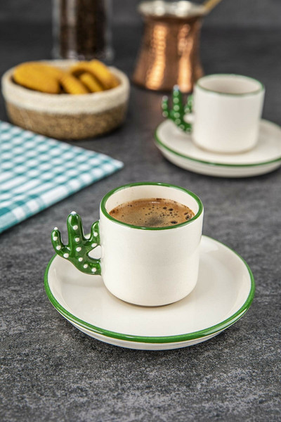 Кактус Ръчно изработено керамично турско кафе, чаша за еспресо зелено 2 части, подарък 2 индивидуални чаши
