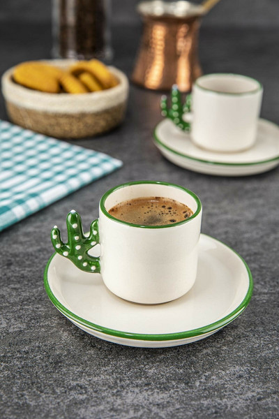 Kaktusz Kézzel készített kerámia török kávé, Espresso csésze Green 2 db, Ajándék 2 személyiségpohár