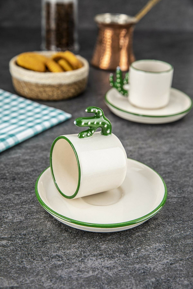 Kaktusz Kézzel készített kerámia török kávé, Espresso csésze Green 2 db, Ajándék 2 személyiségpohár