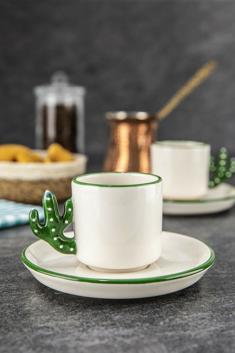 Kaktusz Kézzel készített kerámia török kávé, Espresso csésze Green 2 db, Ajándék 2 személyiségpohár