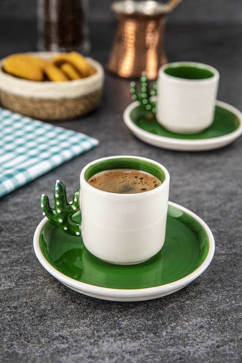 Kaktusz Kézzel készített kerámia török kávé, Espresso csésze Green 2 db, Ajándék 2 személyiségpohár