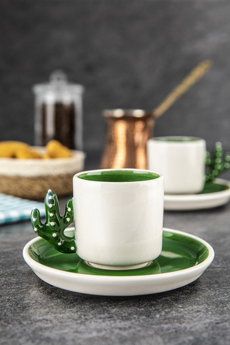 Kaktusz Kézzel készített kerámia török kávé, Espresso csésze Green 2 db, Ajándék 2 személyiségpohár