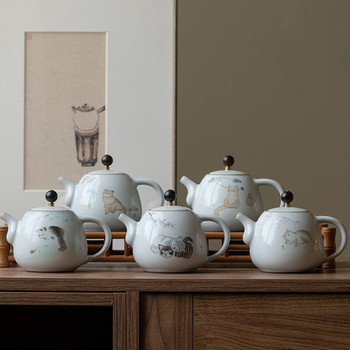 280 ml традиционна Ru Kiln керамични чайници, ръчно изработени сладка котешка шарка, чайник за пътуване, преносим филтър, кана за чай, домашен комплект за чай, съдове и прибори