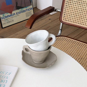 Ръчно изработена керамична чаша за кафе, комплект чинийки, винтидж, нередовна чаша за пиене на мляко, чай с чиния, декор за маса за домашен офис, кафене, 200 ml