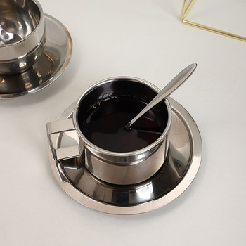 Луксозни сребърни чаши за кафе Комплект с чинийка Чаша от неръждаема стомана Чаша за еспресо Кафе за ръчно наливане Оригинални чаши за закуска Метален подарък