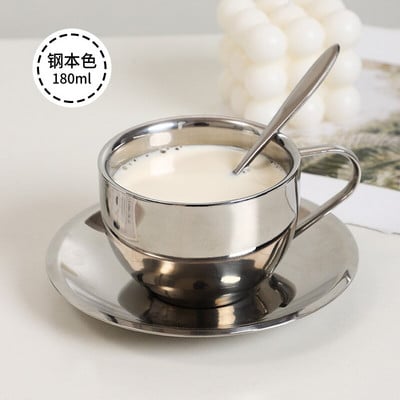 Luxus ezüst kávéscsészék készlet csészealjjal, rozsdamentes acél csésze espresso kézi kiöntő kávés bögre Eredeti reggelizőcsészék fém ajándék