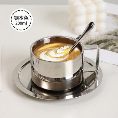 Luxus ezüst kávéscsészék készlet csészealjjal, rozsdamentes acél csésze espresso kézi kiöntő kávés bögre Eredeti reggelizőcsészék fém ajándék