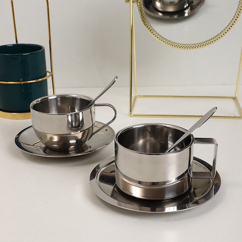 Luxus ezüst kávéscsészék készlet csészealjjal, rozsdamentes acél csésze espresso kézi kiöntő kávés bögre Eredeti reggelizőcsészék fém ajándék