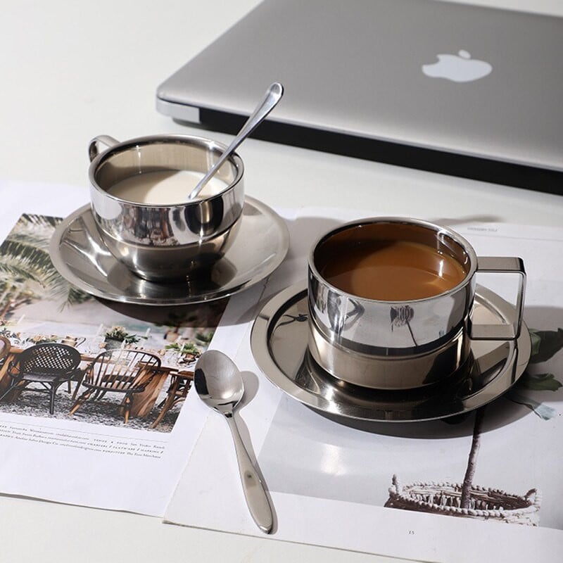 Luxus ezüst kávéscsészék készlet csészealjjal, rozsdamentes acél csésze espresso kézi kiöntő kávés bögre Eredeti reggelizőcsészék fém ajándék