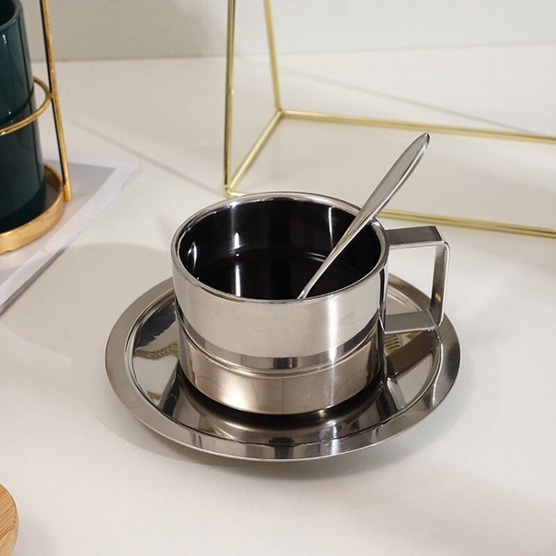 Luxus ezüst kávéscsészék készlet csészealjjal, rozsdamentes acél csésze espresso kézi kiöntő kávés bögre Eredeti reggelizőcsészék fém ajándék