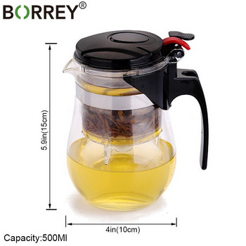 BORREY Топлоустойчив стъклен чайник с филтър за инфузер Китайски кунг-фу пуер улонг чайник 500 мл Чайник за чай с цветя Чайник за вода