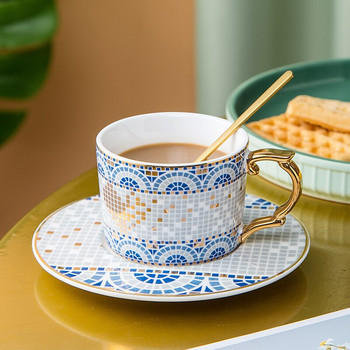 Δημιουργικό Μωσαϊκό Κεραμικά Φλιτζάνι καφέ και Πιατάκι με Κουτάλι Βρετανικό Απογευματινό Τσάι Πρωινό Κύπελλο γάλακτος Χρυσή λαβή Κούπα δώρου