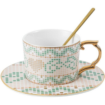Креативна мозайка Керамика Комплект чаша за кафе и чинийка с лъжица Британски следобеден чай Закуска Чаша за мляко Чаша със златна дръжка Чаша за подарък