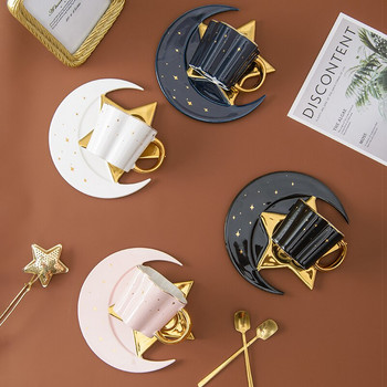Δημιουργικό Κεραμικό Star Moon Φλιτζάνι καφέ και Πιατάκι με Κουτάλι Χρυσή Λαβή Πρωινό Κούπα Γάλα Απογευματινό Τσάι Χυμός Νερού Ποτό Φλιτζάνι