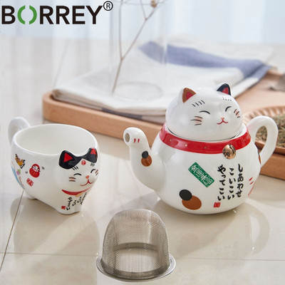 BORREY Lucky Cat keramikinis arbatinuko puodelis Kinijos porcelianinis arbatos rinkinys su nerūdijančio plieno arbatos filtravimu Maneki Neko Lucky Cat arbatinuko puodelis