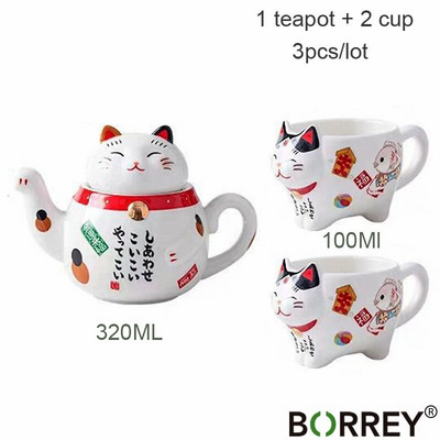 BORREY Lucky Cat kerámia teáskanna csésze kínai porcelán teáskészlet rozsdamentes acél teafilterrel Maneki Neko Lucky Cat teáskanna bögre