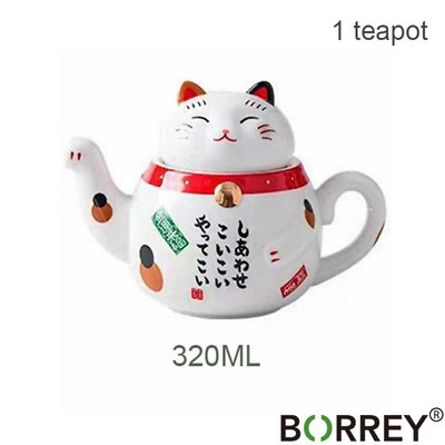 BORREY Lucky Cat kerámia teáskanna csésze kínai porcelán teáskészlet rozsdamentes acél teafilterrel Maneki Neko Lucky Cat teáskanna bögre