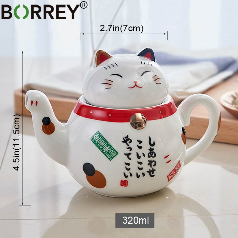 BORREY Lucky Cat kerámia teáskanna csésze kínai porcelán teáskészlet rozsdamentes acél teafilterrel Maneki Neko Lucky Cat teáskanna bögre