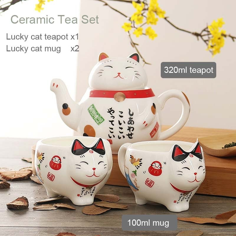 BORREY Lucky Cat kerámia teáskanna csésze kínai porcelán teáskészlet rozsdamentes acél teafilterrel Maneki Neko Lucky Cat teáskanna bögre