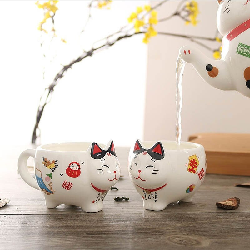 BORREY Lucky Cat kerámia teáskanna csésze kínai porcelán teáskészlet rozsdamentes acél teafilterrel Maneki Neko Lucky Cat teáskanna bögre