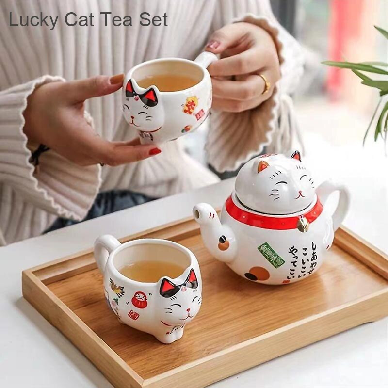 BORREY Lucky Cat kerámia teáskanna csésze kínai porcelán teáskészlet rozsdamentes acél teafilterrel Maneki Neko Lucky Cat teáskanna bögre